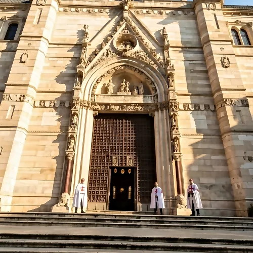 Facciata di un duomo gotico con due associati sulla scalinata